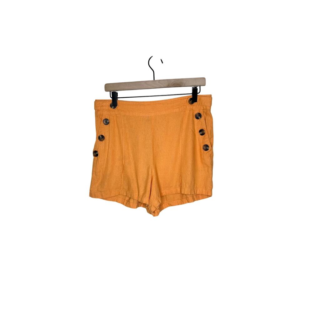 Calligraphie Shorts Linen Blend Orange High Waisted Pleated Button Accents M